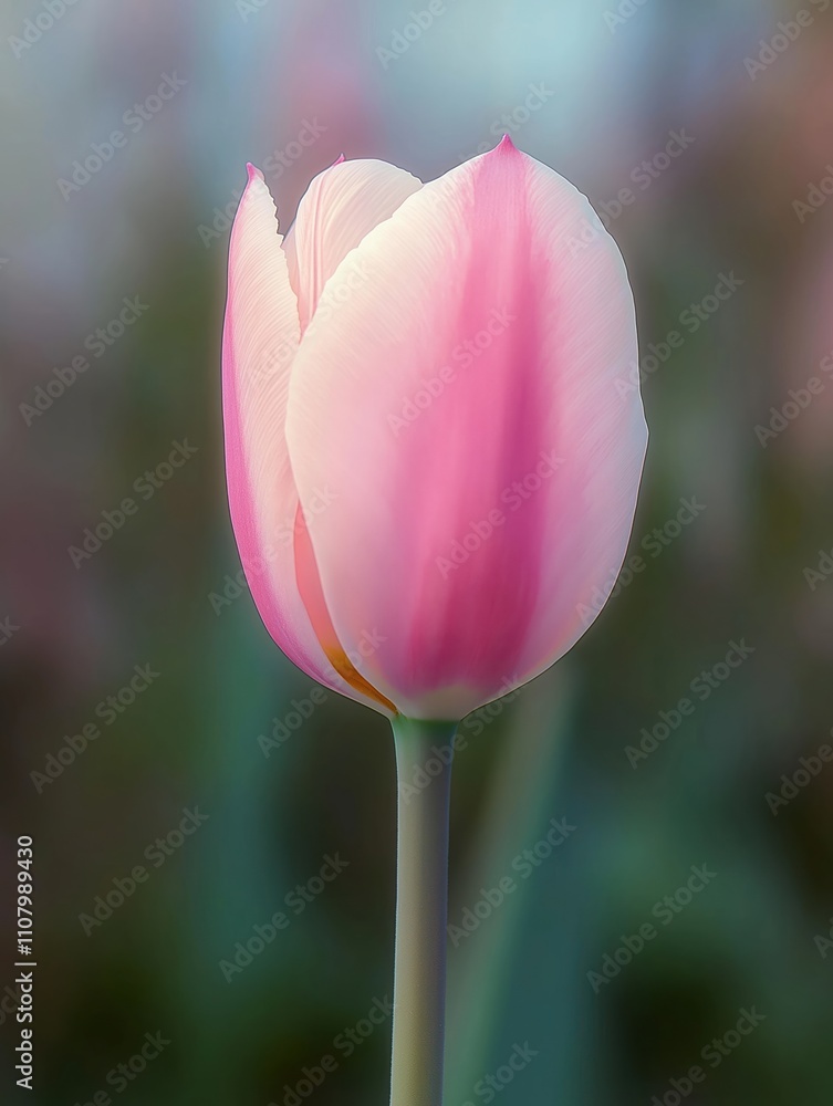 Fototapeta premium Delicate pink tulip in soft light. Flower petals delicately shaded in pink, white. Closeup view shows intricate texture of petals. Beautiful spring flower. Perfect for spring themes, floral designs.