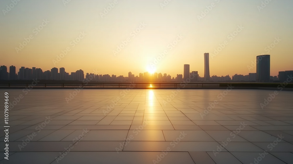 Sunset over a city skyline with calm reflections on the ground and silhouettes of tall buildings in the background