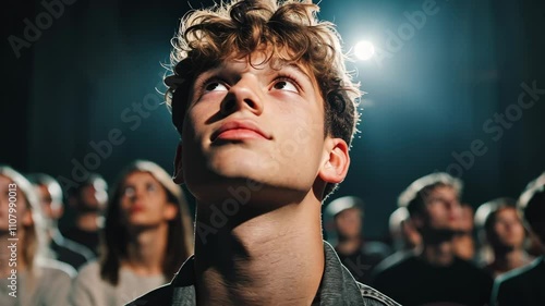 Young man gazes upward in a crowded venue during a performance at night, captivated by the experience