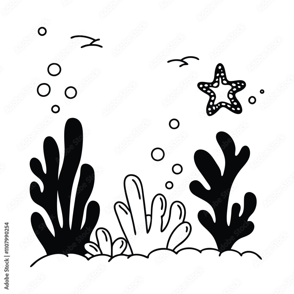 Fototapeta premium Underwater moss plants black silhouette line-art for childern book vector art illustration.