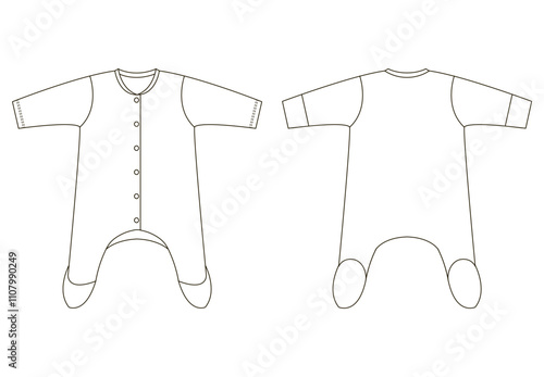 Technical illustration of a baby romper with a button front and short sleeves, shown in both front and back views.