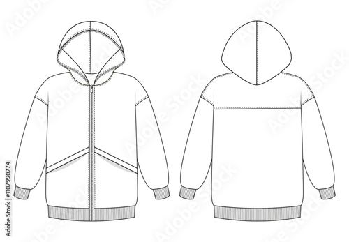 Technical drawing of a hooded sweatshirt with a full front zipper and segmented kangaroo pockets, shown in front and back views.