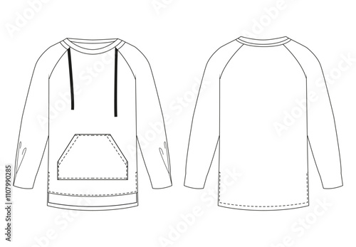 Line drawing of a casual hoodie with long sleeves, adjustable drawstrings, and a kangaroo pocket, showing both front and back views.