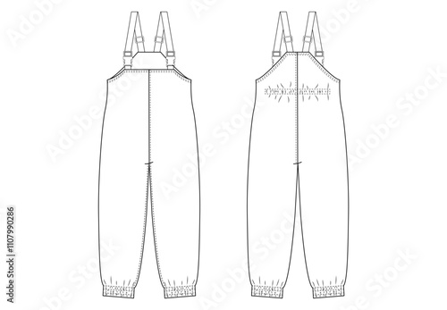 Technical drawing of child's overalls with adjustable straps and elastic cuffs, displayed in front and back views.