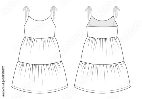 Line drawing of a girl's tiered dress with spaghetti straps and gathered tiers, including front and back views.