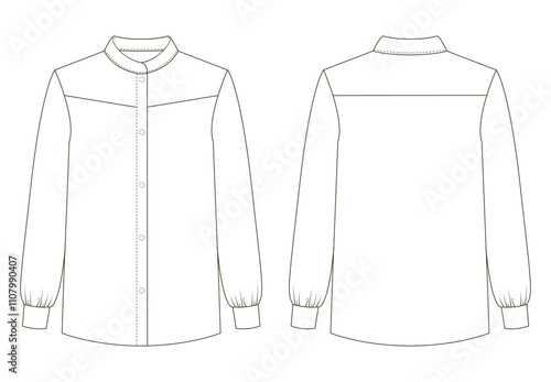 Technical illustration of a formal shirt with a pointed collar, button front, and long sleeves. Displayed in both front and back views.