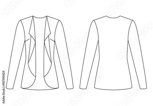 Front and back technical drawings of a women's blazer with an open front design and draped lapels.