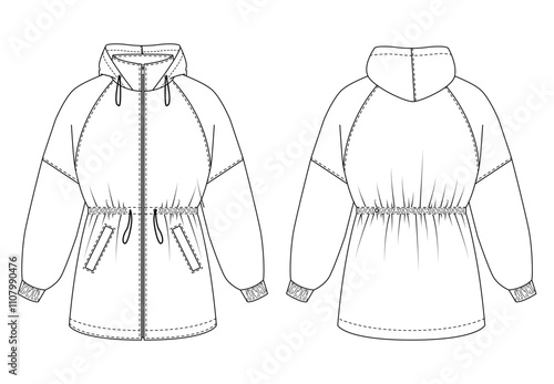 Front and back views of a women's jacket with a hood, cinched waist, and large front pockets, featuring technical drawing details.