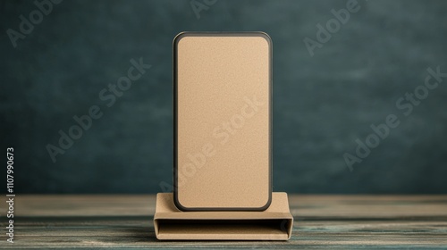 A minimalistic cardboard phone case displayed on a wooden surface, highlighting its eco-friendly design against a muted background. photo