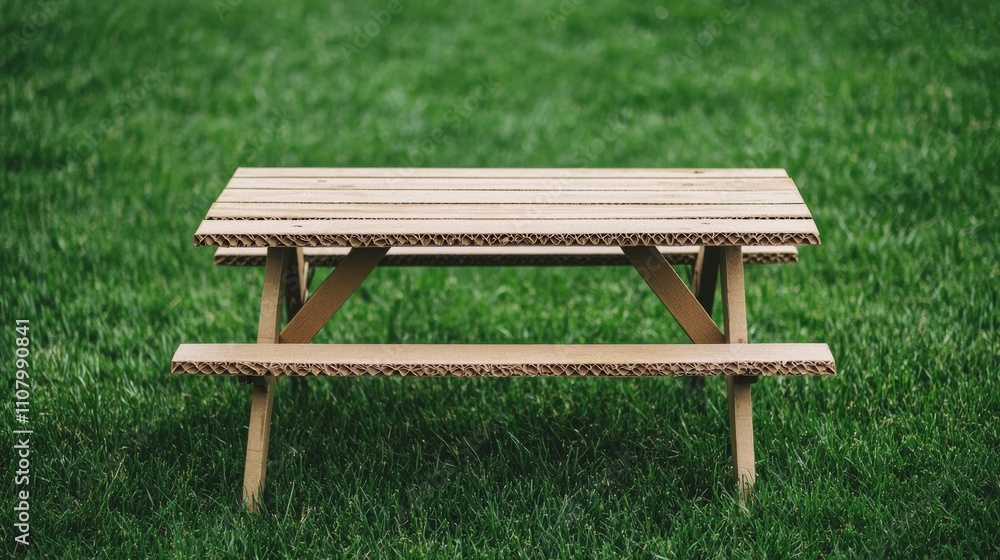 Fototapeta premium A simple wooden picnic table sits on lush green grass, creating a serene outdoor setting ideal for gatherings or relaxation.
