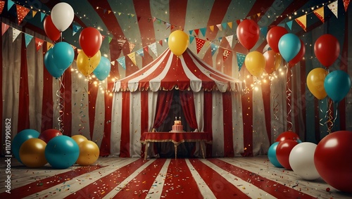 A circus tent with colorful balloons, streamers, and a birthday cake on a table. Lots of red and white stripes.

