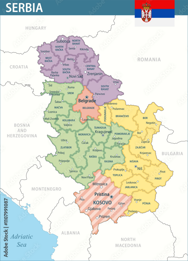 Obraz premium Serbia Map Vector New 2024 Colorful - Customizable layered political map of Serbia with administrative divisions for website, education, reports, news, politics, print, poster and wallpaper