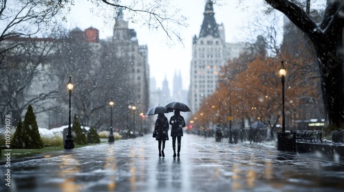 urban winter blues, on a gloomy winter morning, rain falls on a dreary cityscape as people walk with bowed heads under umbrellas, creating a sense of sadness