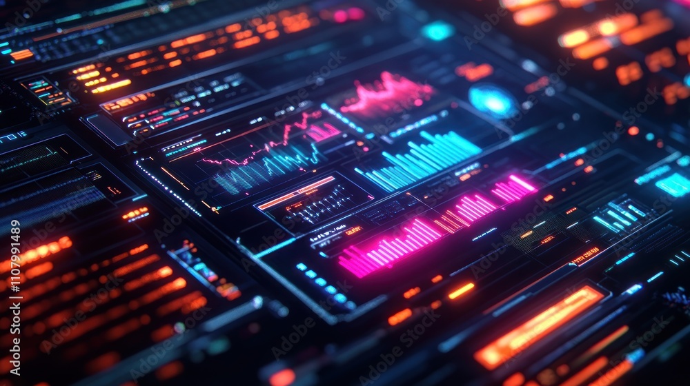 Obraz premium A futuristic digital interface with glowing graphs and data visualizations.