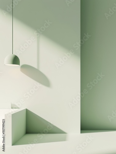 Minimalistic Interior Design: Soft Green Walls, Geometric Shapes, and Stylish Lighting for Modern Spaces