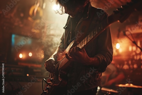 Musician performing with electric guitar on stage. photo