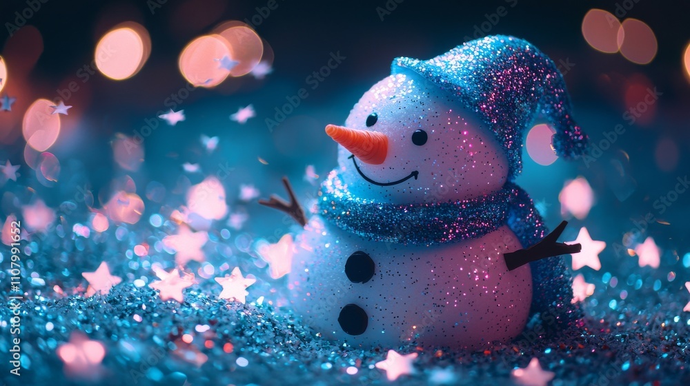 Obraz premium A charming, sparkling snowman with a blue hat and scarf sits on a glittery surface, surrounded by soft glowing lights and starry decorations.