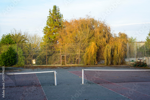 Pista de tenis en jardín abandonado