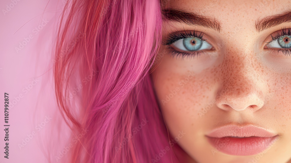 Obraz premium A Stylish Woman With Striking Pink Hair and Captivating Blue Eyes Gazes Thoughtfully at the Viewer