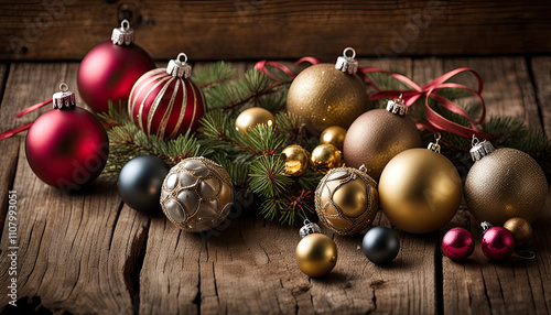 Faded Christmas Memories, An arrangement of antique Christmas ornaments, featuring chipped hand-painted baubles, tarnished bells, and frayed ribbon bows, set against a rustic wooden background.