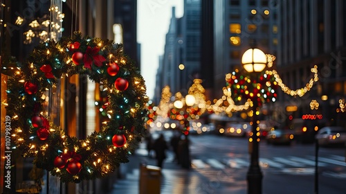 Downtown Christmas Light Display on Buildings and Lamp Posts Holiday Light Displays ,Winter seasson, Happy New Year, Happy christmass photo