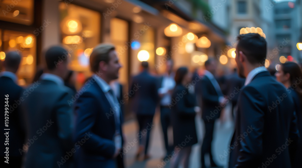 Fototapeta premium Businesspeople in an informal setting of an evening city, with an emphasis on lighting and details