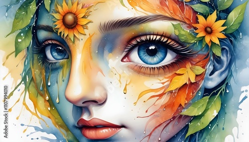 Abstract Nature Face with Sun and Water Element