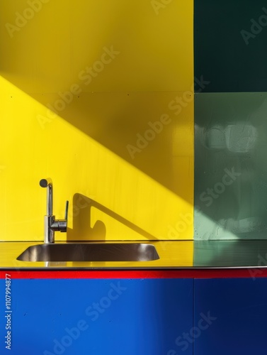 Contemporary Kitchen Aesthetic: A bright and colorful kitchen sink area with vibrant yellow, green, and blue walls, ideal for modern design inspiration.