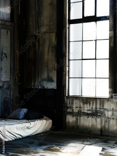 Abandoned Room: Minimalistic Bed in Dimly Lit, Rustic Space with Industrial Aesthetic; Perfect for Interior Design Inspiration