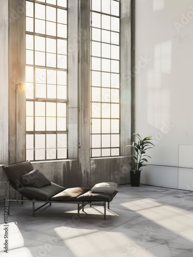 Minimalist Interior with Large Windows, Black Chaise Lounge, and Potted Plant - Ideal for Modern Design Inspiration