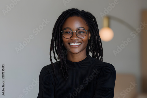 Warm portrait of a young Black woman with long dreadlocks, radiating confidence and grace, captured in soft lighting that emphasises her natural beauty and positive energy photo