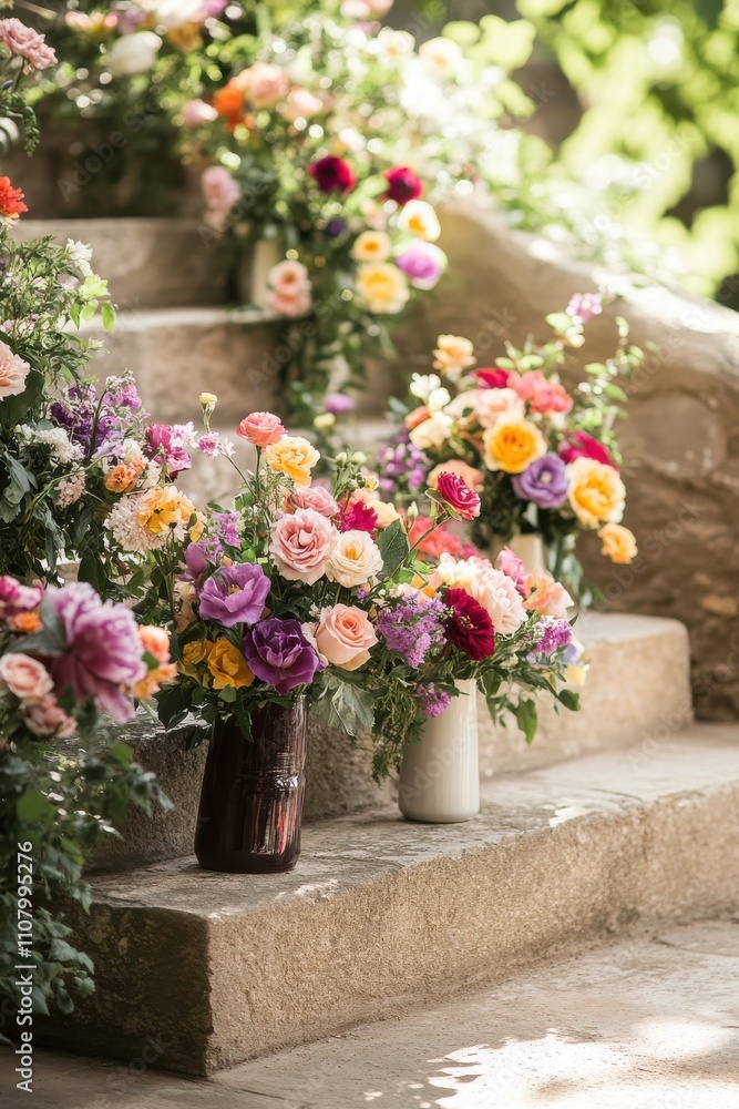 Naklejka premium Beautiful floral arrangement on stone steps featuring a mix of colorful roses, violets, and greenery creating a serene and enchanting atmosphere in natural light.