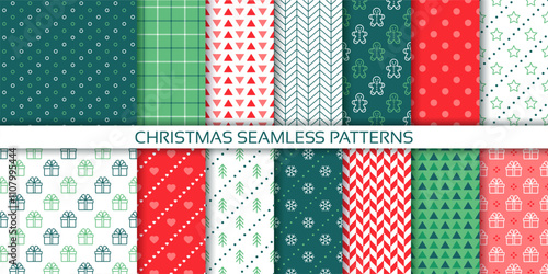 Christmas wrapping background. Seamless pattern. Set gift wrap papers. Xmas green red wallpaper. Holiday textures with present, tree, gingerbread men, triangle, dots. Noel prints. Vector illustration