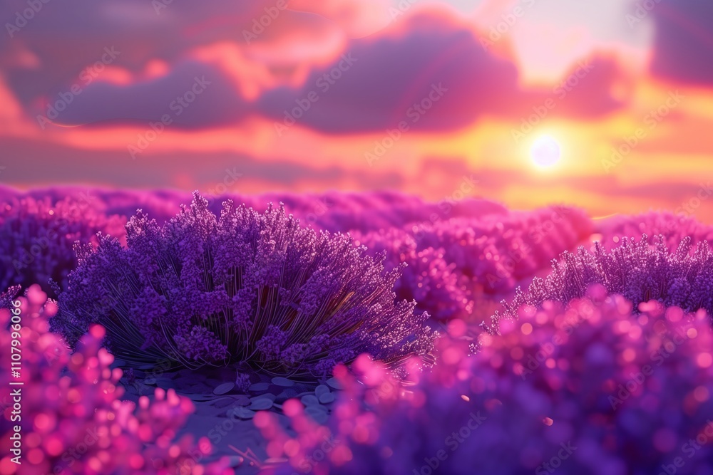 Obraz premium Vibrant lavender fields under a colorful sunset.