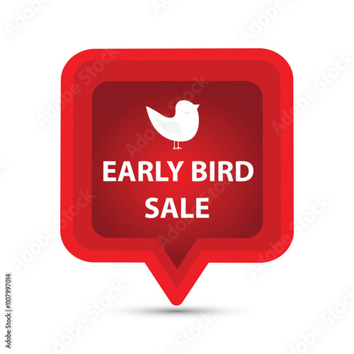 Red speech bubble with the silhouette of a white bird and the text early bird sale