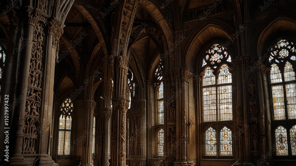 Obraz premium Gothic cathedral interior, sunlight through stained glass windows.