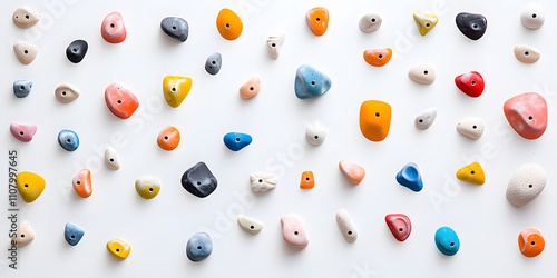 White background with an array of colourful climbing stones, arranged in various shapes and sizes, highlighting the vibrant hues and textures, symbolising indoor rock climbing or training