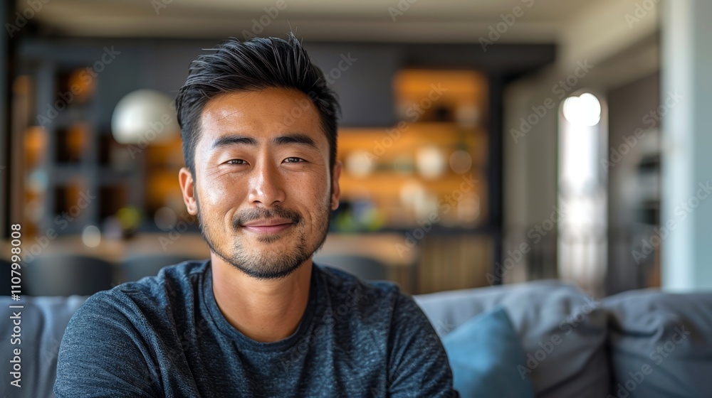 Obraz premium The image features a man with a warm smile sitting comfortably On a gray couch in a well-lit room.