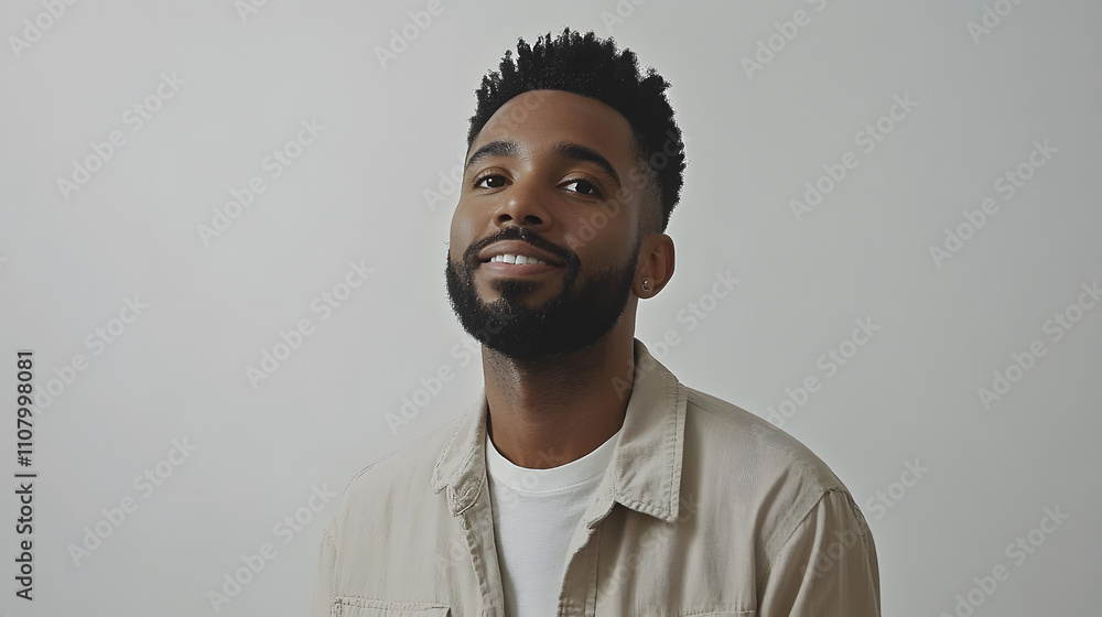Fototapeta premium Smiling bearded young black man wearing casual clothes against a white background