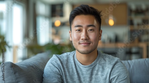 The image depicts a young Asian man sitting On a gray couch in a well-lit room with a blurred background.