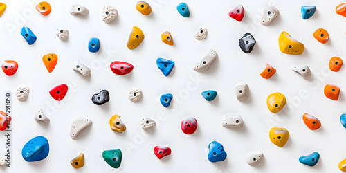 White background with an array of colourful climbing stones, arranged in various shapes and sizes, highlighting the vibrant hues and textures, symbolising indoor rock climbing or training
