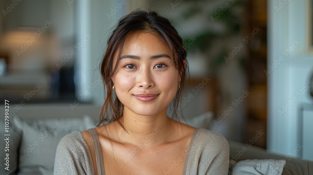 The image depicts a young Asian woman with dark hair wearing a beige top sitting in a living room setting. The image depicts a young Asian woman with dark hair wearing a beige top sitting in a living room setting.