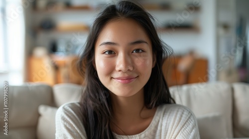 Free Download The image depicts a young Asian woman with long dark hair and a white shirt seated in front Of a blurred living room background. - GFXLoad