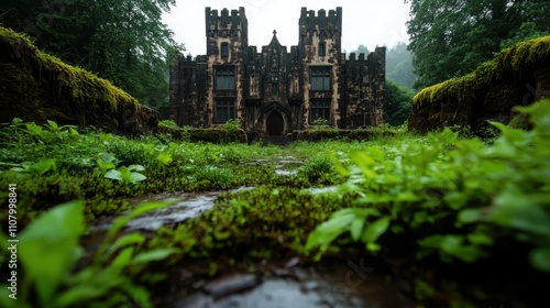 An imposing gothic castle enveloped by thick green vegetation, emanating mystery and allure while nestled in a vibrant, secluded natural landscape. photo