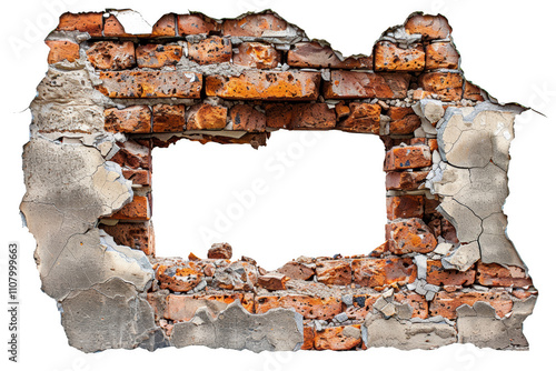 Artistic depiction of a broken wall revealing a void in an urban environment photo