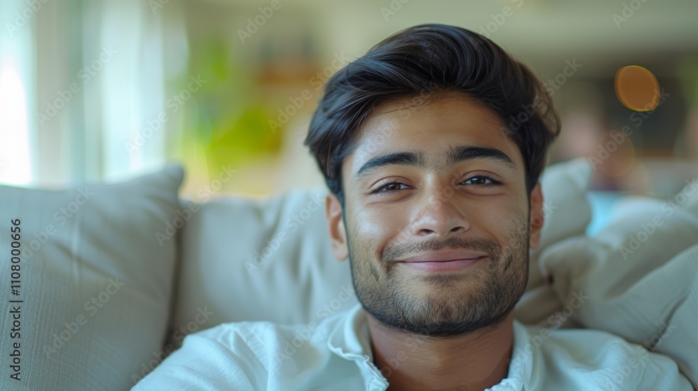 The image shows a young man with a beard and mustache wearing a white shirt sitting On a couch with a blurred background. The image shows a young man with a beard and mustache wearing a white shirt sitting On a couch with a blurred background.