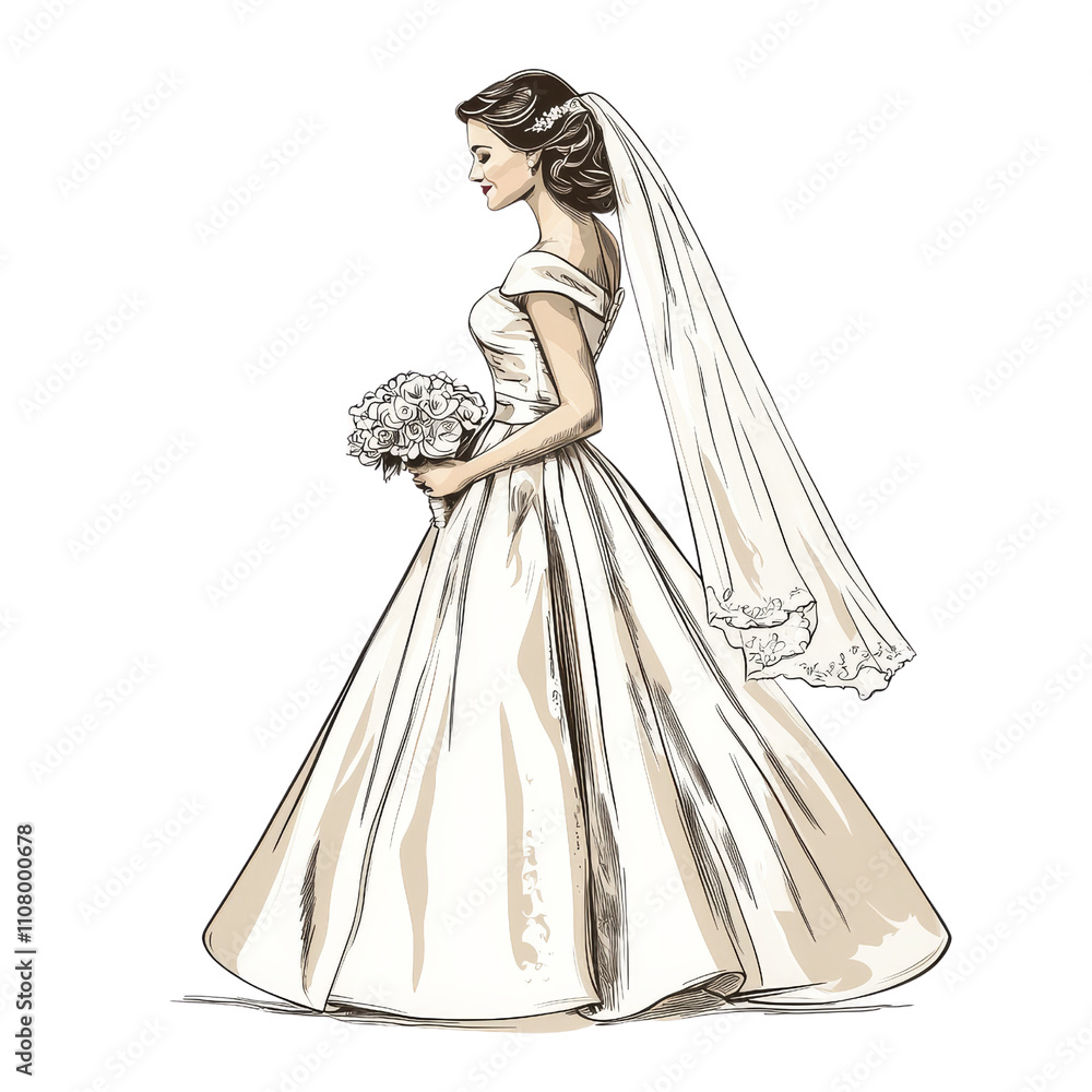 Fototapeta premium A graceful bride in a flowing gown holds a bouquet, showcasing elegance and beauty in her wedding attire.