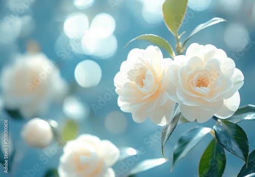 Delicate White Camellia Blossoms Against a Soft Blue Background with Sparkling Bokeh Effects, Perfect for Nature and Floral Themes in Photography