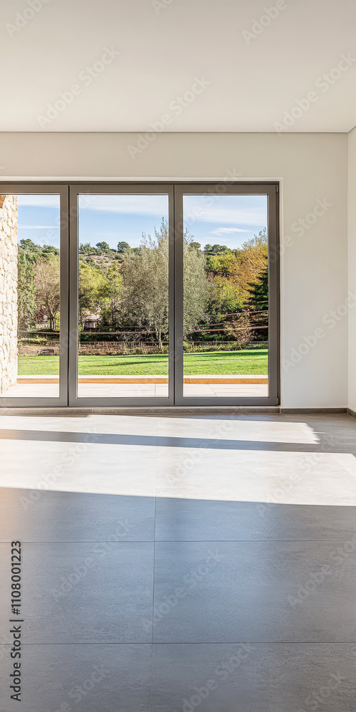 Modern interior with large windows showcasing a serene outdoor landscape in bright daylight Modern interior with large windows showcasing a serene outdoor landscape in bright daylight