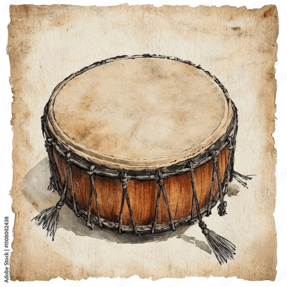 A circular drum featuring a smooth top and wooden sides, adorned with decorative tassels. A circular drum featuring a smooth top and wooden sides, adorned with decorative tassels.